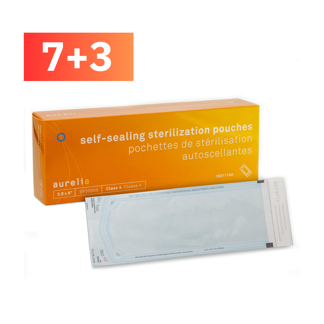 Aurella self-sealing sterilization pouches packaging with a single pouch size 3.5 x 9