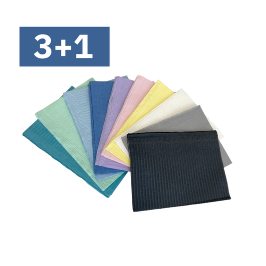 Aurelia, Lavender pink Green dental bibs, 500 per case, eco-sustainable, cellulose-based hygienic 10x50 pack, non-glued cellulose SKU 2002, 2003 2004