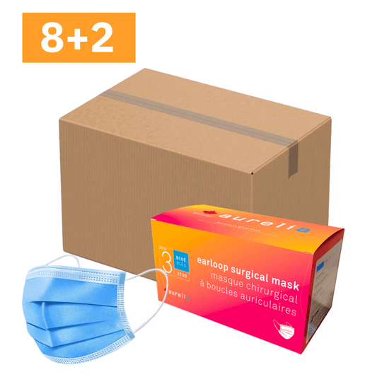 Masques chirurgicaux Aurélia® ASTM Niveau 3 – Attaches auriculaires bleues – Fabriqués au Canada – 50/boîte