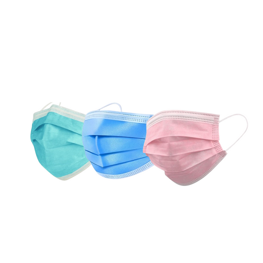 disposable surgical face masks in light blue, medium blue, and pink 