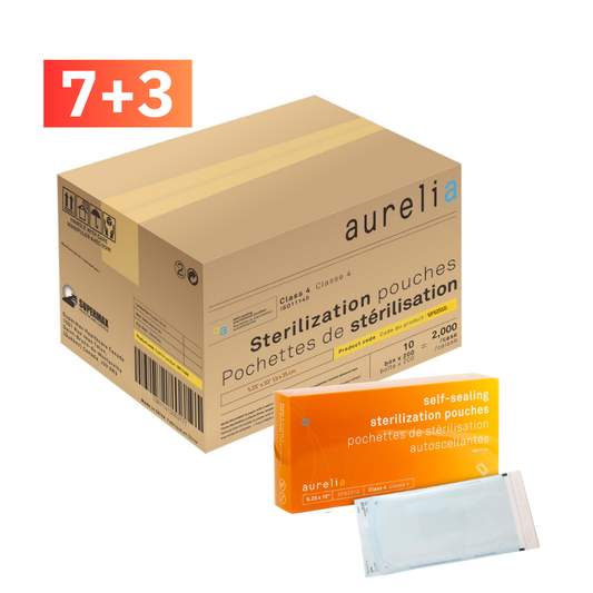 Aurelia sterilization pouches packaging with a box and individual pouches 5.25"x10"