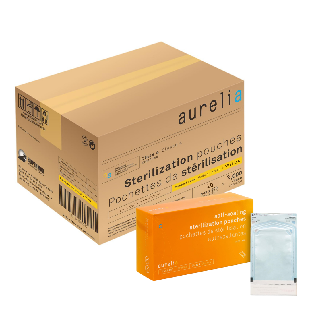 Aurelia sterilization pouches packaging with a smaller box and a clear pouch on a white background.