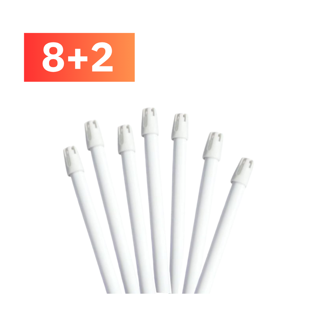 Six white replacement light tubes fanned out on a white background, with an orange-red gradient label in the top-left corner reading '8+2'.