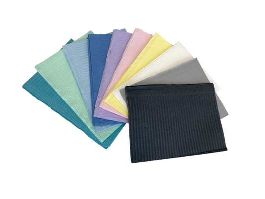Aurelia, Lavender pink Green dental bibs, 500 per case, eco-sustainable, cellulose-based hygienic 10x50 pack, non-glued cellulose SKU 2002, 2003 2004