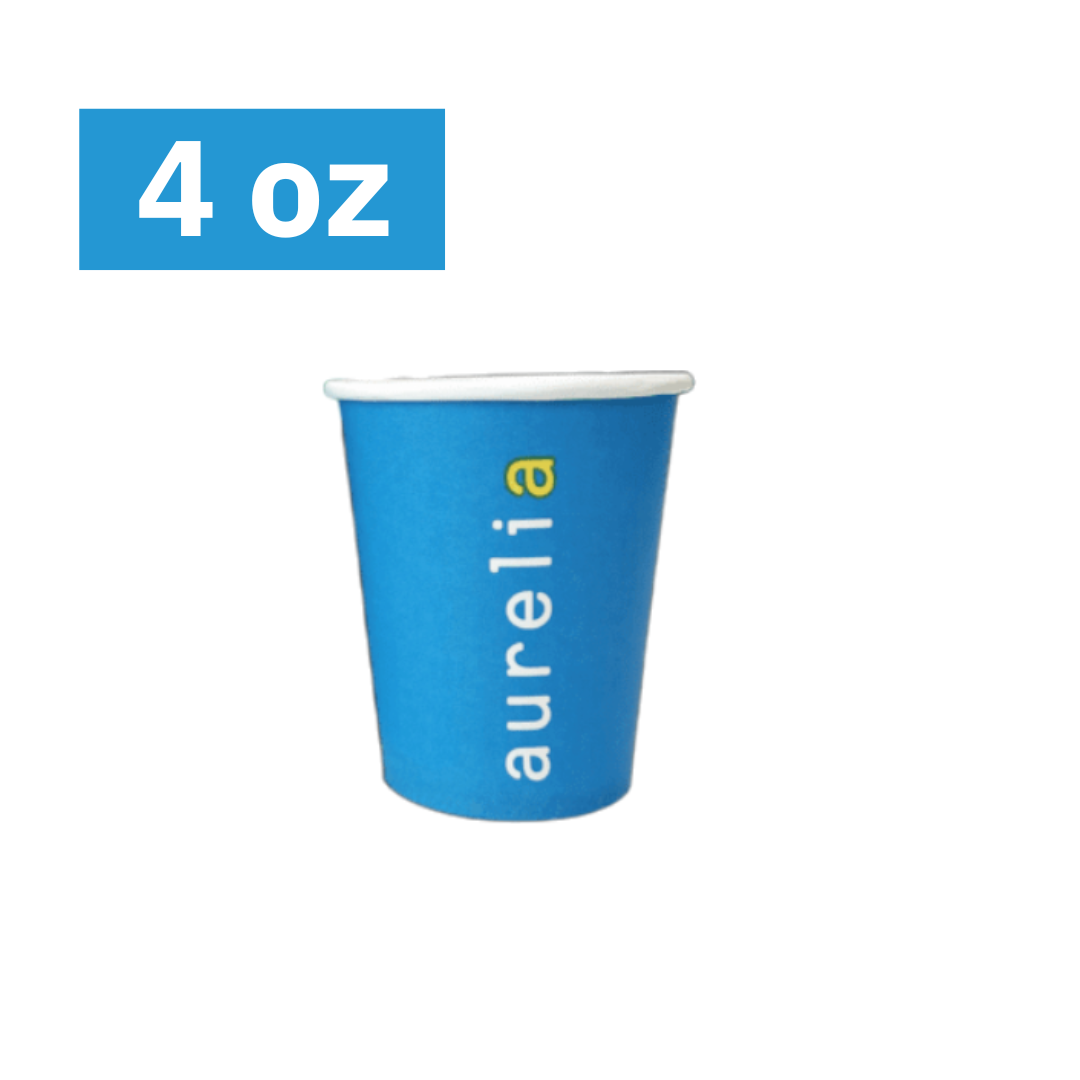Blue paper cup with 'aurelia' branding and a 4 oz 