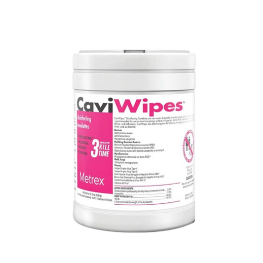 A container of CaviWipes disinfecting wipes by Metrex. The container is white with a pink label that includes the brand name and product information.
