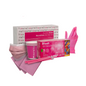 A dental hygiene starter kit featuring pink and white items including a box of Aurelia Care Blush mouthwash, pink disposable cups, pink face masks, pink gloves, and pink tooth picks