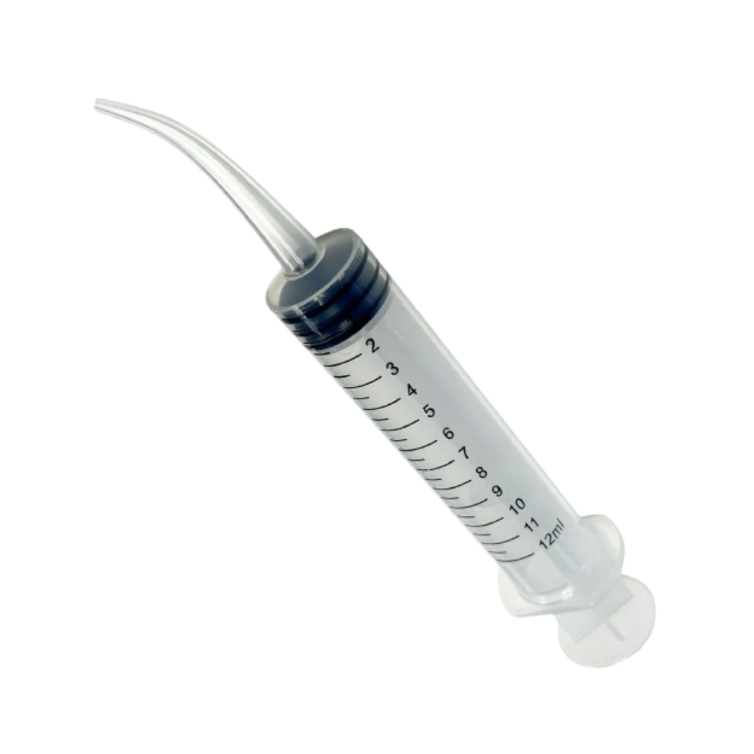 Disposable 12 mL curved tip dental syringe with graduated calibration markings
