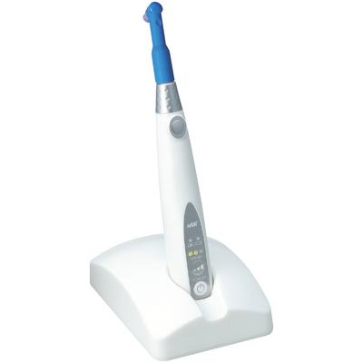 Cordless dental prophy handpiece with contra-angle head, charging base, USB cable and included disposable accessories.