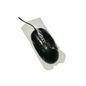 A clear plastic mouse sleeve covering a black computer mouse, with a visible black cord.