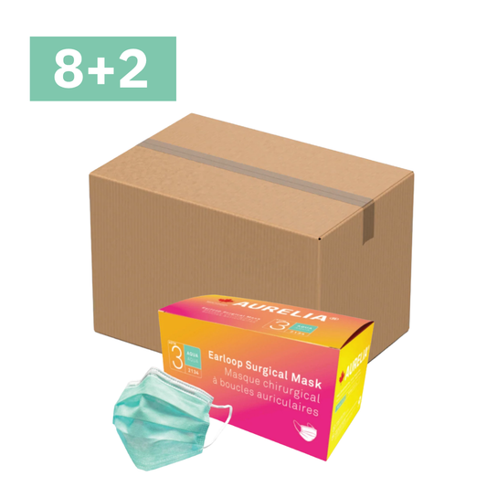 Masques chirurgicaux Aurélia® de niveau 3 ASTM – Boucles auriculaires aqua – Fabriqués au Canada – 50/boîte