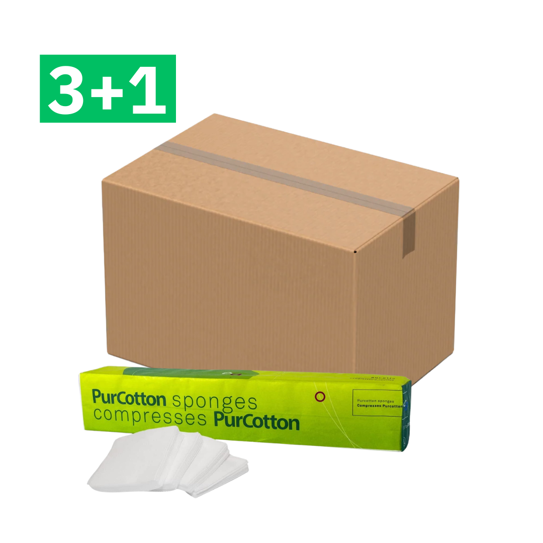 Cardboard box with a green and white product package labeled 'PurCotton' on a white background.