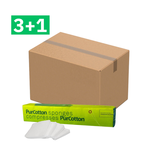 Cardboard box with a green and white product package labeled 'PurCotton' on a white background.