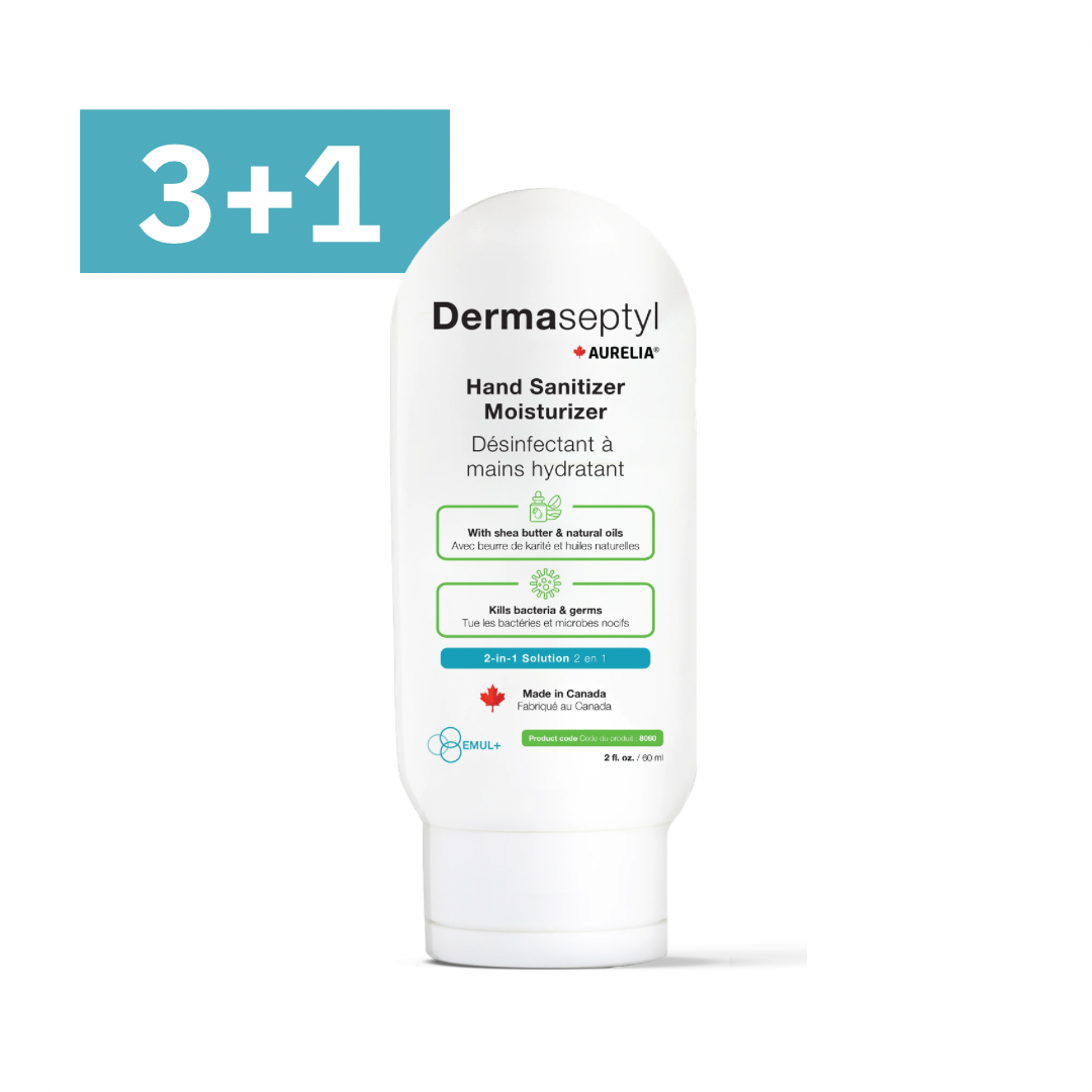 Désinfectant et hydratant antiseptique pour les mains DermaSeptyl | 2-en-1 | Fabriqué au Québec | 60 ml et 500 ml