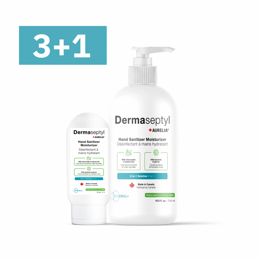 Désinfectant et hydratant antiseptique pour les mains DermaSeptyl | 2-en-1 | Fabriqué au Québec | 60 ml et 500 ml