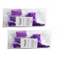Two purple orthodontic patient kits in clear pouches with toothbrushes, dental floss threaders and braces care accessories.