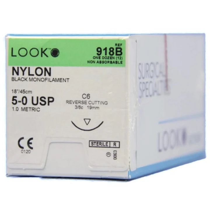 Black nylon monofilament suture with C6 reverse cutting needle, size 5-0, 18″ (45 cm), 12/PK