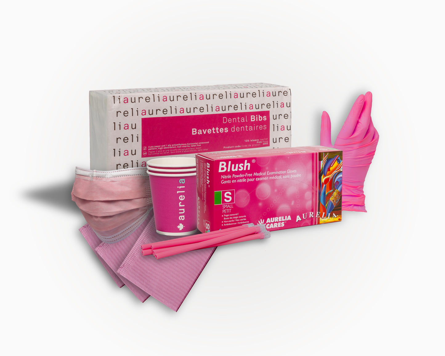 Aurelia Chroma Pink Kit with blush gloves, pink masks, pink bibs, cups, and saliva ejectors.
