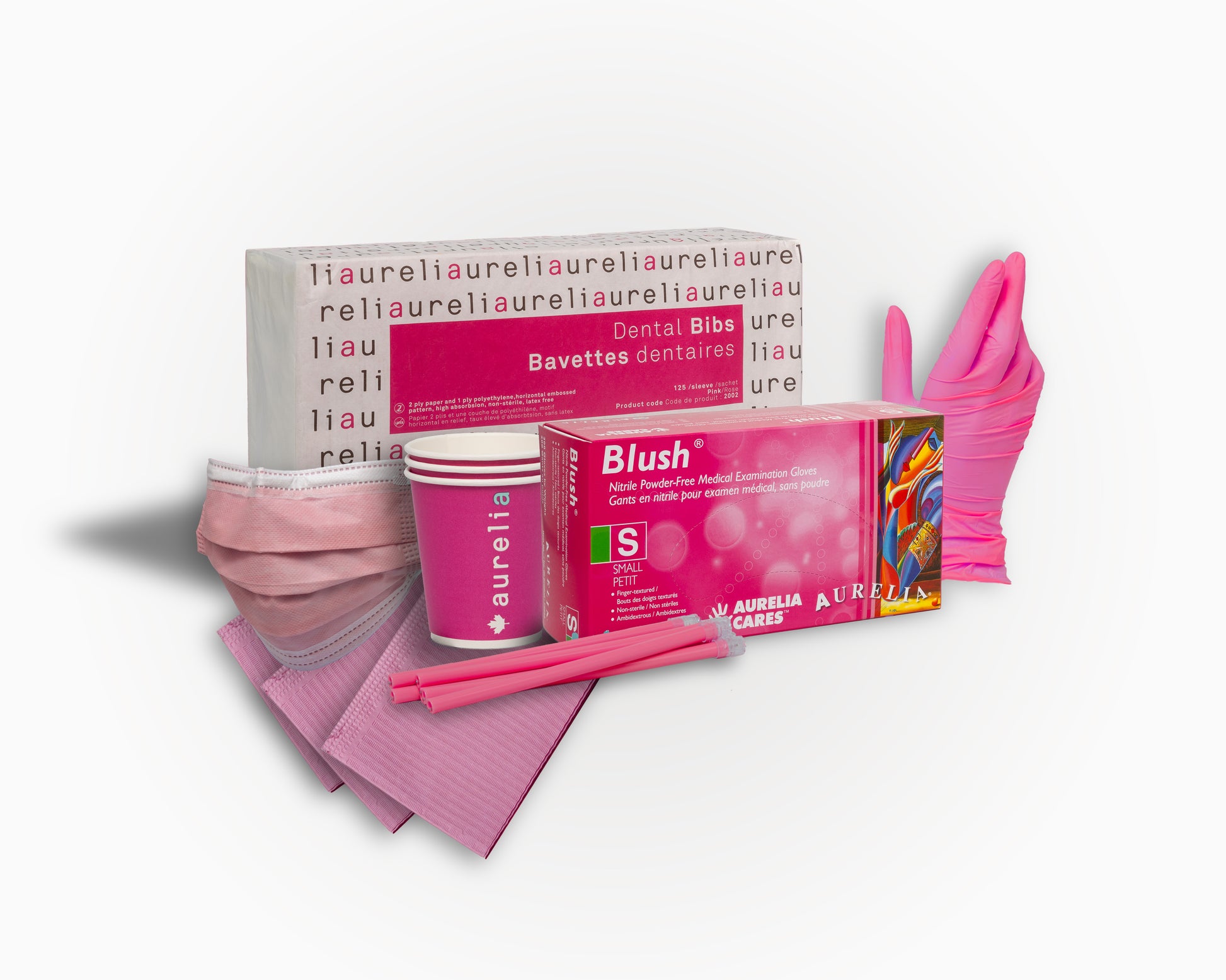 Aurelia Chroma Pink Kit with blush gloves, pink masks, pink bibs, cups, and saliva ejectors.
