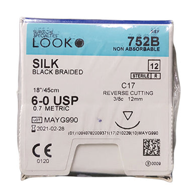 Black Braided Silk Suture with C17 Needle (RC),  18"/45 cm, # 6-0, 12/Pk, 752B