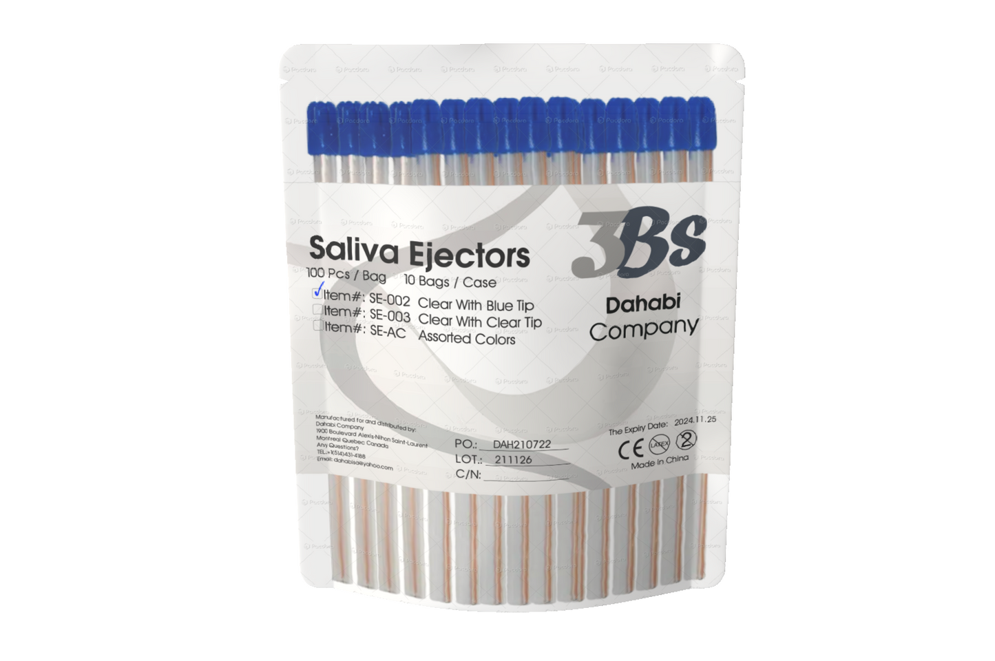 Dental Disposables, Saliva Ejectors 100/box, clear with blue tip. Éjecteurs de salive jetables pour usage dentaire, 100/boîte, transparents avec embout bleu