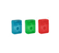 Three containers of dental floss in blue, green, and red colors