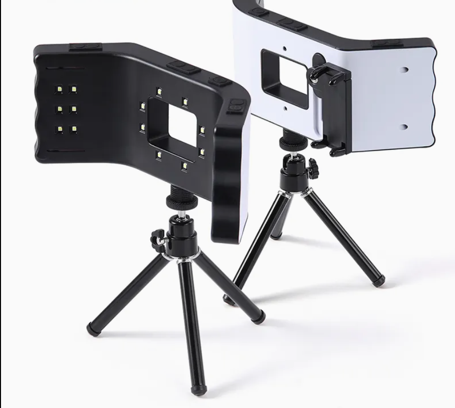 Oral photography fill light with handle, rack, wrench and charging cable.