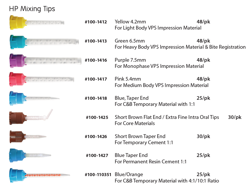 MARK3, HP Mixing Tips (50/pk) Yellow: 4.2mm (LB), (#100-1412)
Green: 6.5mm (HVY & Universal),
(#100-1413)
Purple: 7.5mm (Mono), (#100-1416)
50 tips per pack