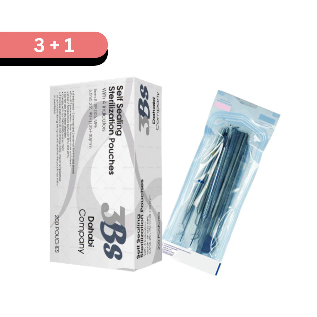 3B Self Sealing Sterilization Pouches packaging with product on a white background Self-Sealing Sterilization Pouches with internal and external indicators – triple-seal autoclavable dental pouches by 3BS Dahabi