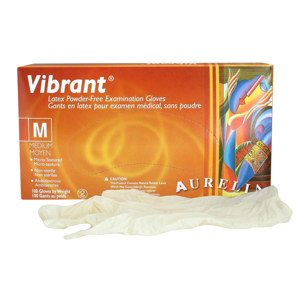 Box of Vibrant Aurelia latex examination gloves with a single glove size medium