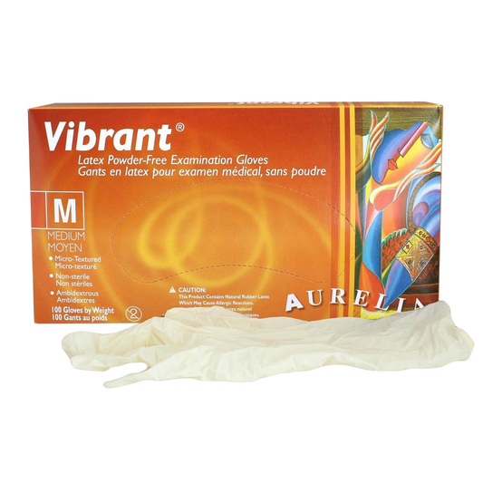 Box of Vibrant Aurelia latex examination gloves with a single glove size medium
