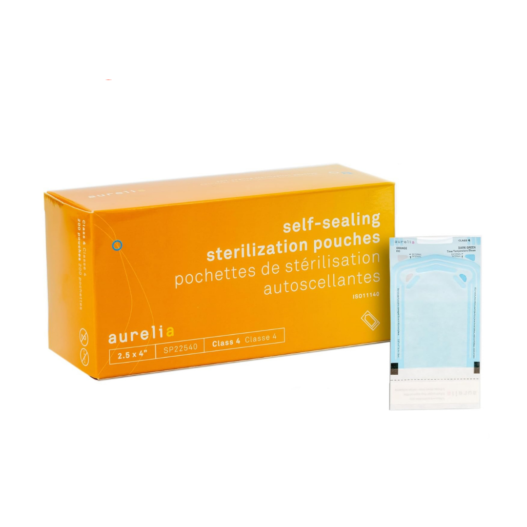 A box of Aurelia self-sealing sterilization pouches in bright orange, shown next to a single light blue and white individual pouch on a white background.