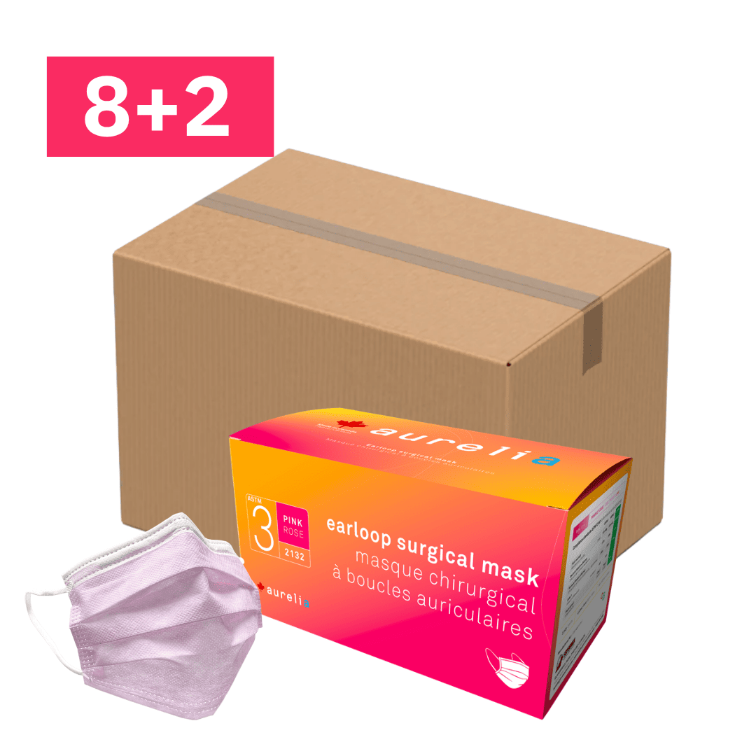 Masques de chirurgie ASTM Niveau 3 3 épaisseurs, Aqua, Rose, Bleu avec attaches auriculaires, Résistants aux fluides, Fabriqués au Canada, Aurelia (50/Boîte)