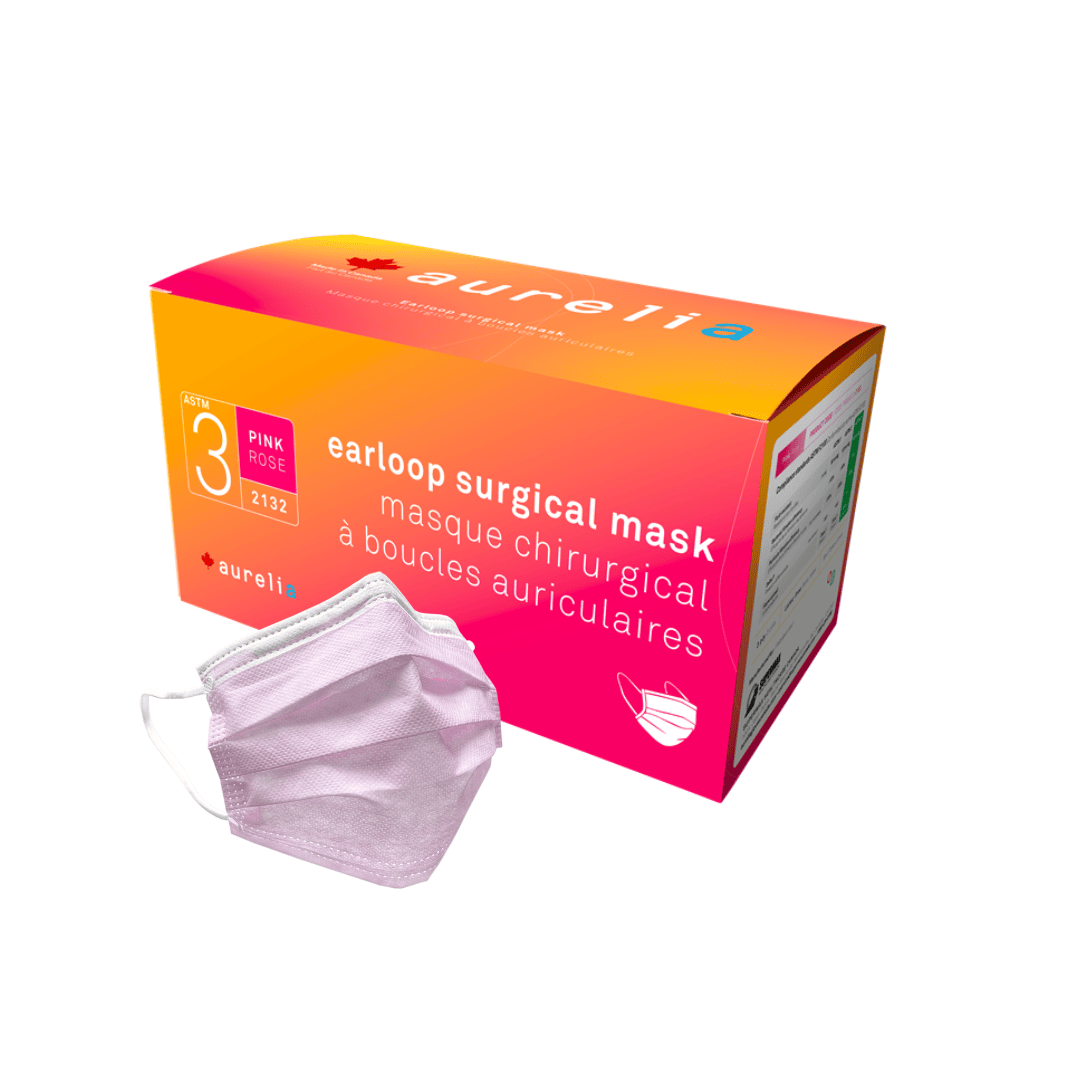 Masques de chirurgie ASTM Niveau 3 3 épaisseurs, Aqua, Rose, Bleu avec attaches auriculaires, Résistants aux fluides, Fabriqués au Canada, Aurelia (50/Boîte)