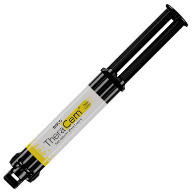 BISCO TheraCem Natural self-adhesive resin cement dual-syringe kit with mixing and intraoral tips.