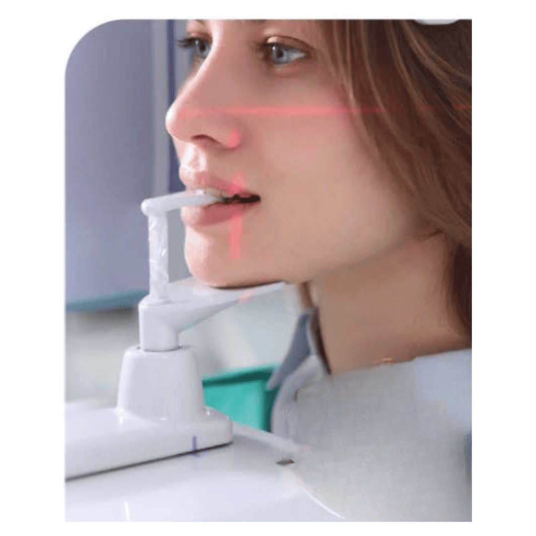 A close-up side view of a woman using Disposable bite block covers for dental X-ray bite blocks – infection-control barrier sleeves