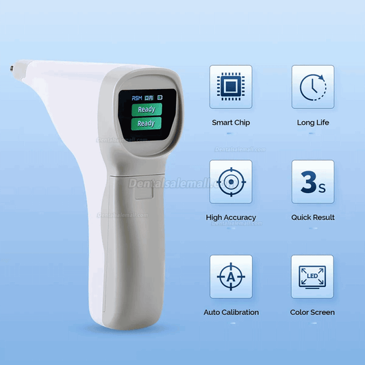 Digital dental tooth shade comparator with colorimeter main unit, base, data cable and charger.