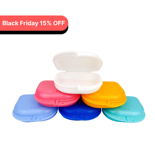 Colorful dental retainers cases with a Black Friday discount label on a white background Assorted color dental retainer boxes – large size