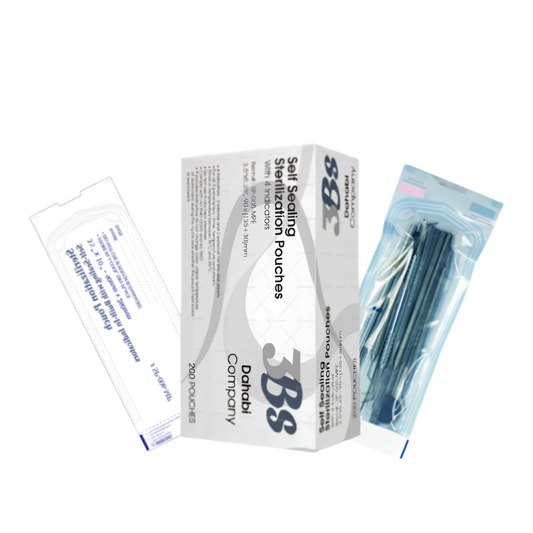 A boxed set of dental self-sealing sterilization pouches 
