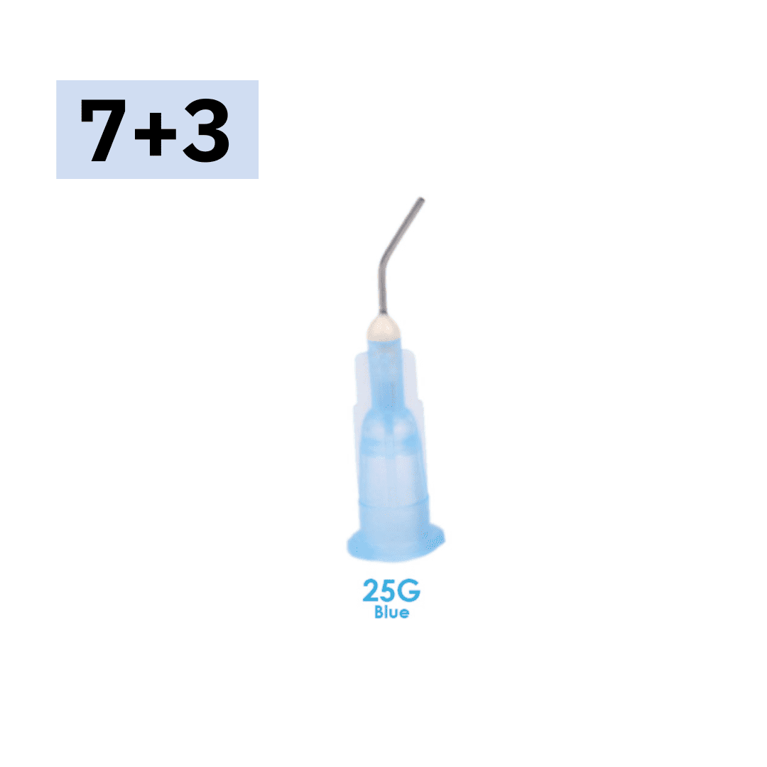 A 25G blue dental handpiece tip shown on a plain white background, with a light blue box containing the text '7+3' in the top left and '25G Blue' text below the product.Flow Tips 100 pcs / Box – 25G Blue Single-Use Dental Tip Refills