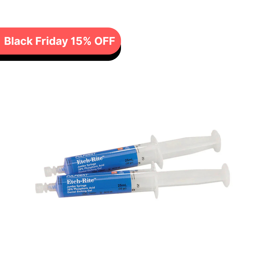 Two dental syringes labeled 'Etch-Rite' with a Black Friday discount banner on a white background. Etch-Rite Dental Etching Gel, Jumbo Syringe Refill, Pulpdent ET-50R