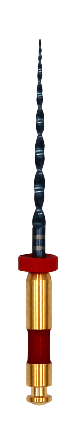 A dental handpiece with a black spiral-shaped burr and a gold and red handle, isolated on a white background.