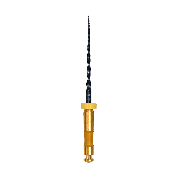A dental drill bit with a black fluted shaft and a gold-colored brass base, shown vertically against a plain white background.