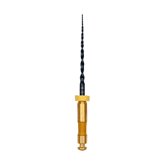 A dental drill bit with a black fluted shaft and a gold-colored brass base, shown vertically against a plain white background.