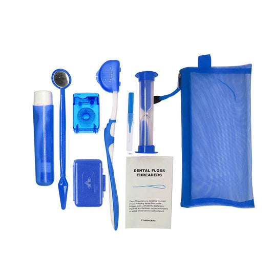 8-piece orthodontic patient kit in blue mesh bag including dental floss, wax, threaders, toothbrushes, dental mirror, timer, and interdental brush