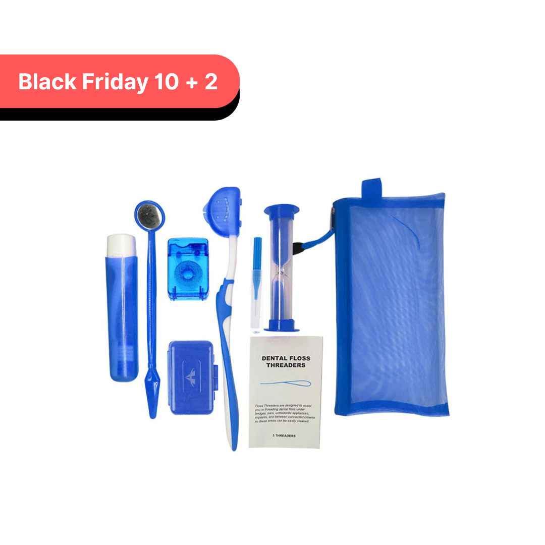 Dental care product set with blue and white items on a white background, featuring 'Black Friday' text. 8-piece orthodontic patient kit in blue mesh bag including dental floss, wax, threaders, toothbrushes, dental mirror, timer, and interdental brush