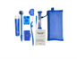 Dental care product set with blue and white items on a white background, featuring 'Black Friday' text. 8-piece orthodontic patient kit in blue mesh bag including dental floss, wax, threaders, toothbrushes, dental mirror, timer, and interdental brush