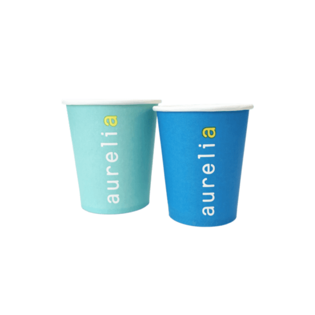 Two paper cups, one blue and one aqua, with 'aurelia' branding size 4oz and 5oz