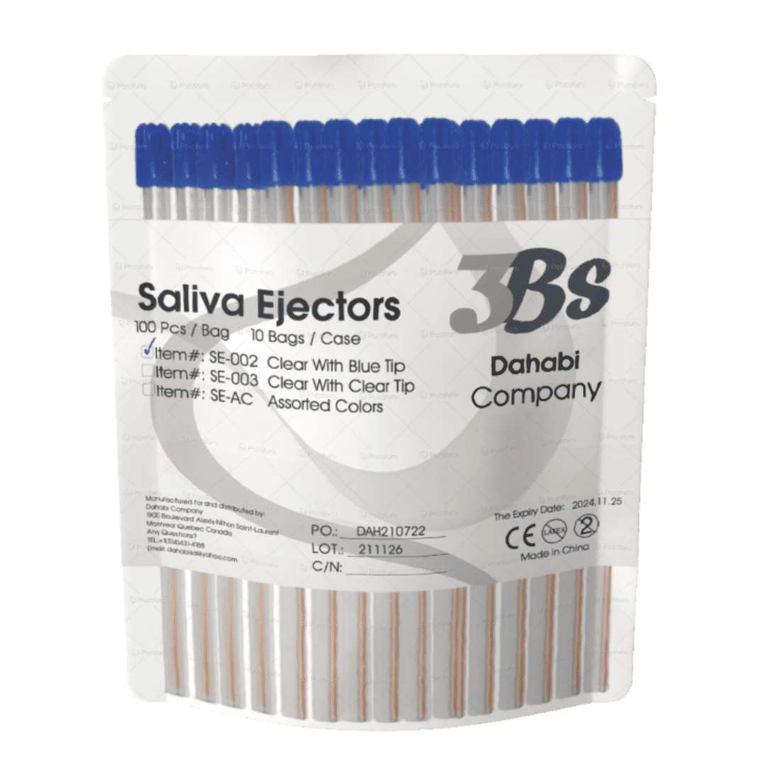 Latex-free saliva ejectors clear with blue tip