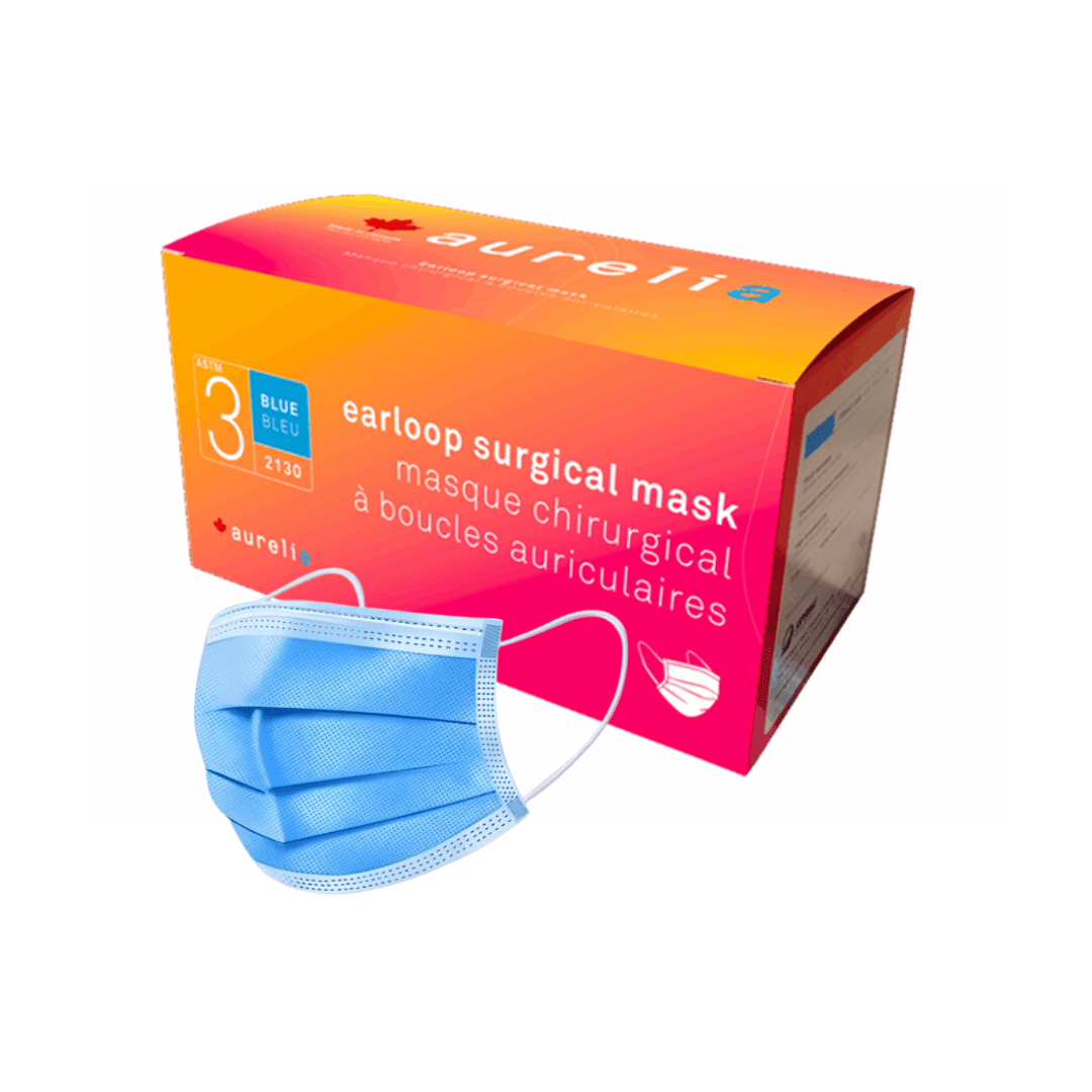 Masques de chirurgie ASTM Niveau 3 3 épaisseurs, Aqua, Rose, Bleu avec attaches auriculaires, Résistants aux fluides, Fabriqués au Canada, Aurelia (50/Boîte)